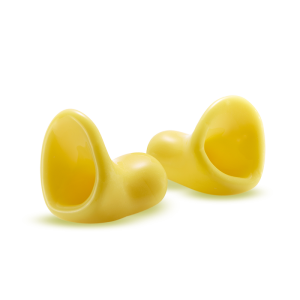 Kaksi keltaista Elacin Relax -kuulonsuojaeristettä, ergonominen muotoilu.